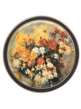 Vintage Sunshine Biscuit Tin Floral Renoir Redon Prints Large Round Blue Gold